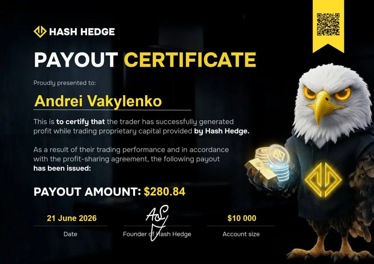 Сертификат выплаты Hash Hedge на $280.84 — счет $10,000