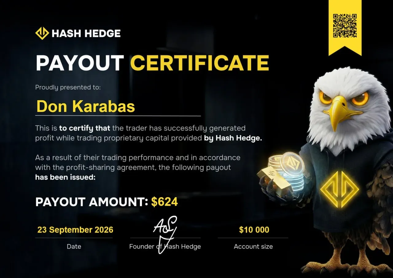 Hash Hedge payout certificate for $624 on a $10,000 account